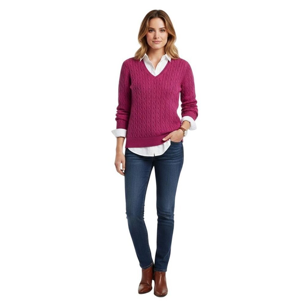 Fairway & Greene Berry Fuschia CableKnit V-neck Sweater Mercerized Cotton Size L
